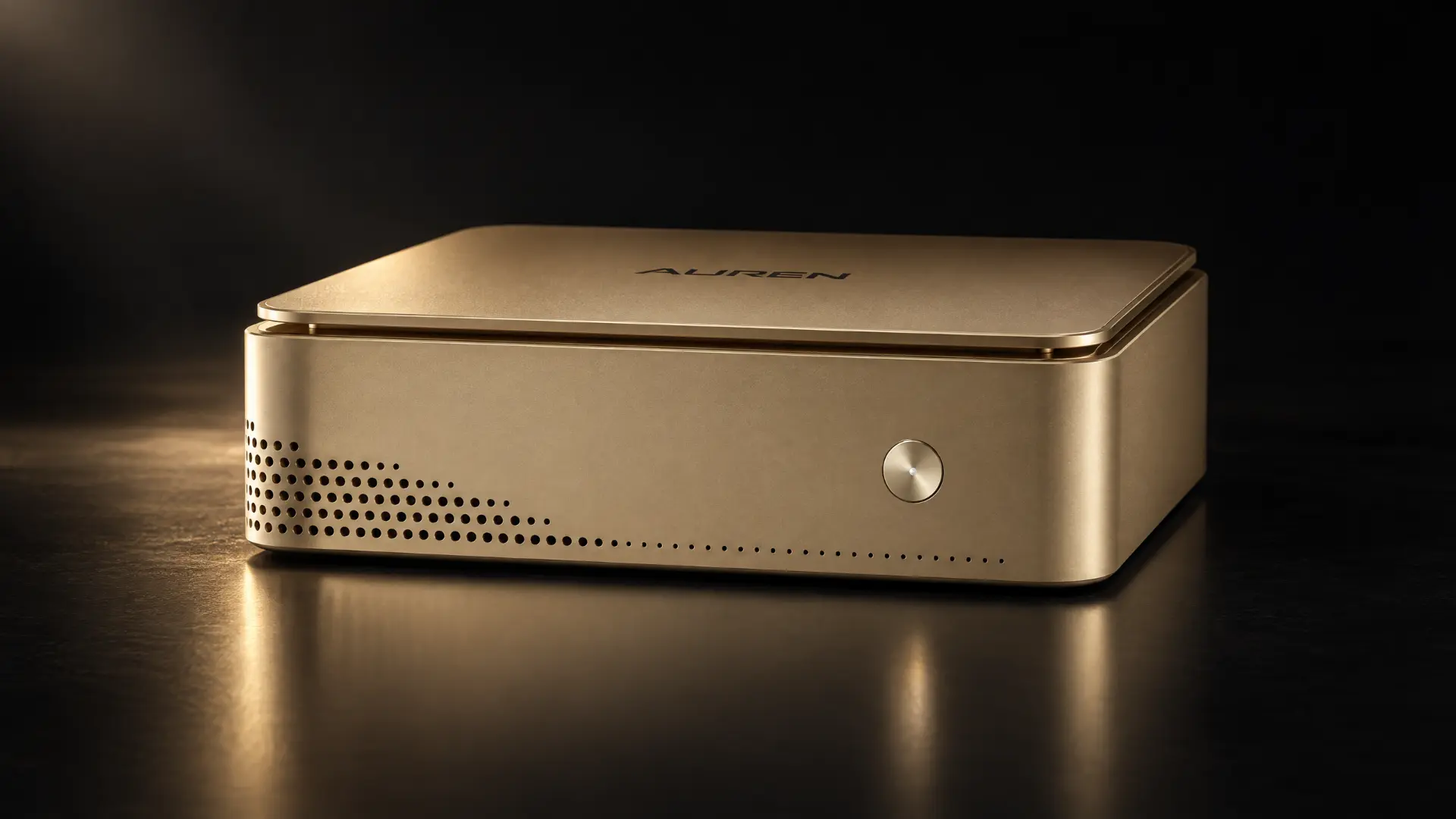 Gold Auren One render resting on a dark stone plinth